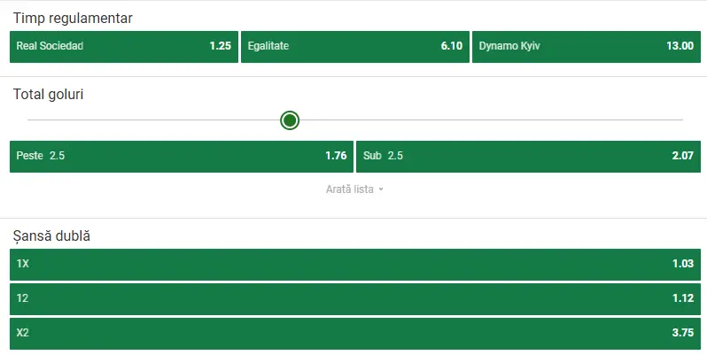 Cote pariuri Real Sociedad - Dynamo Kiev