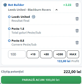 Leeds United vs Blackburn Bet Builder în cota 2