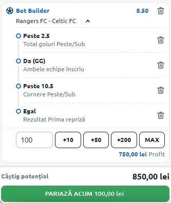 Rangers vs Celtic Bet Builder in cota mare