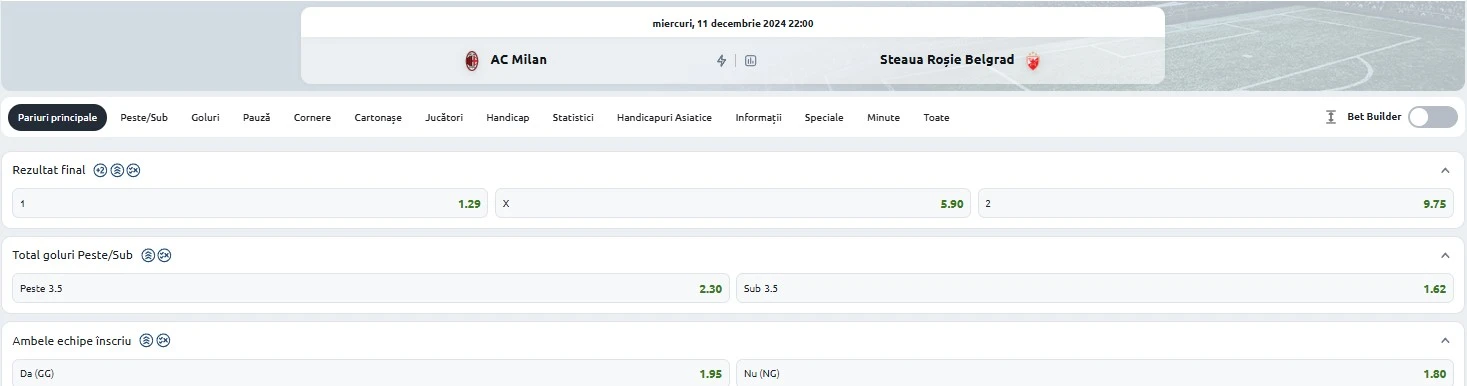 Cote pariuri AC Milan - Steaua Roșie