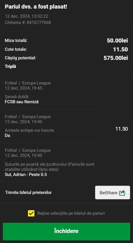 bet builder Hoffenheim - FCSB unibet