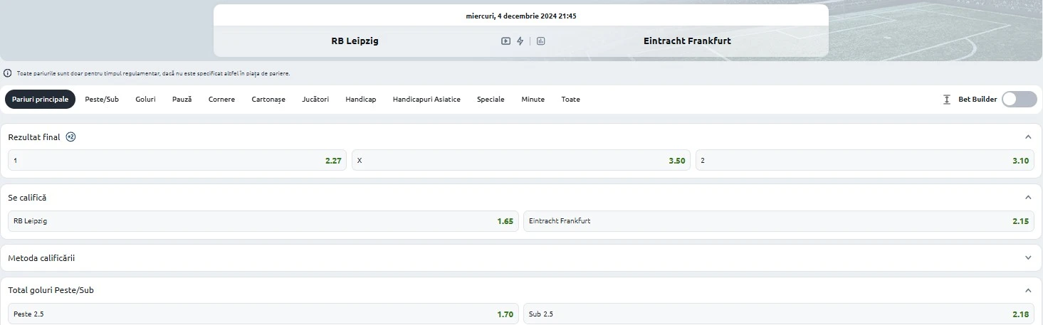 Cote pariuri RB Leipzig vs Frankfurt