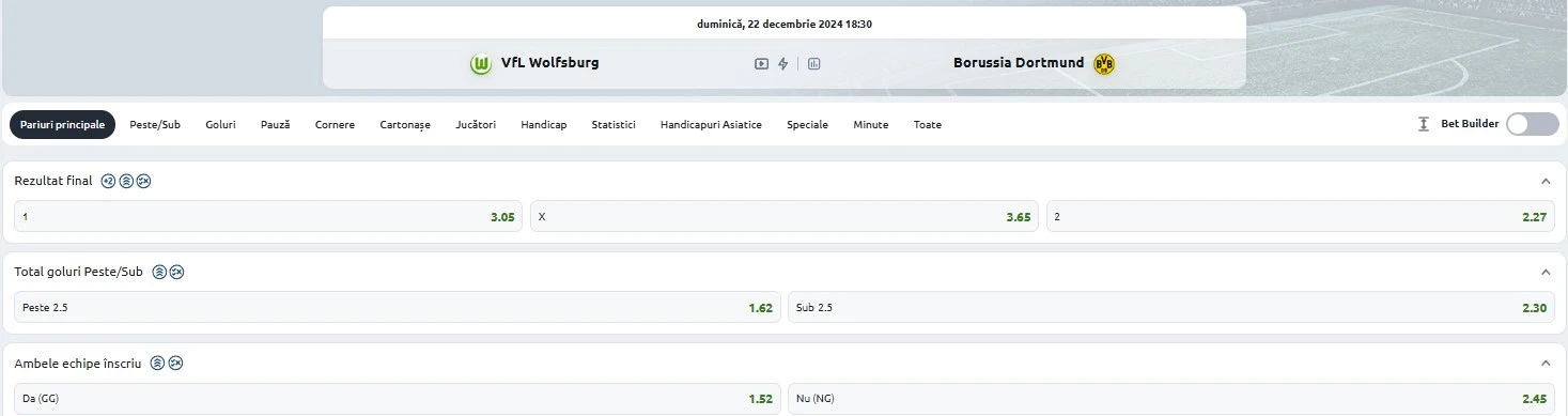 Cote pariuri Wolfsburg vs Dortmund