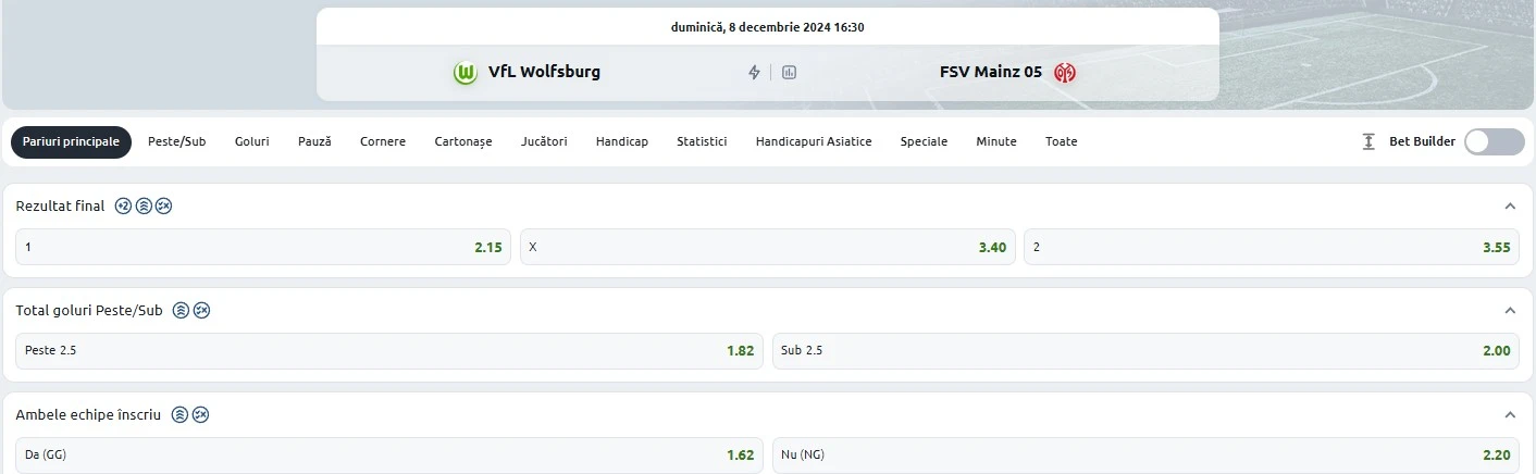 Cote pariuri Wolfsburg vs Mainz