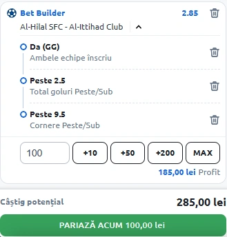 Al Hilal vs Al Ittihad Bet Builder in cota 2.85