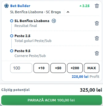 Benfica - Braga Bet Builder in cota 3