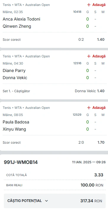 Biletul Zilei Australian Open 12 ianuarie