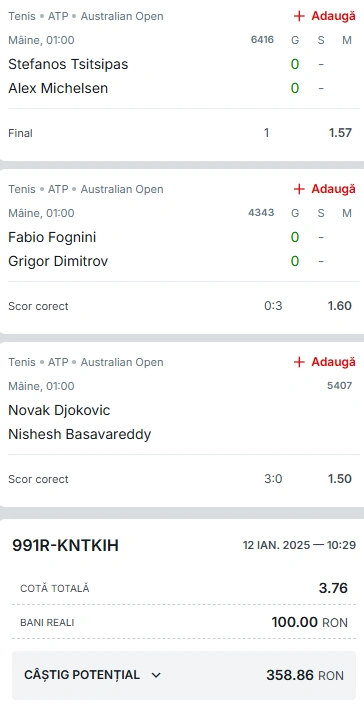 Biletul Zilei Australian Open 13 ianuarie