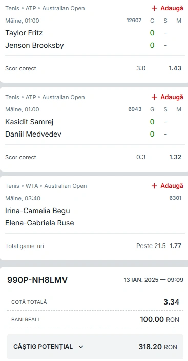 Biletul Zilei Australian Open 14 ianuarie