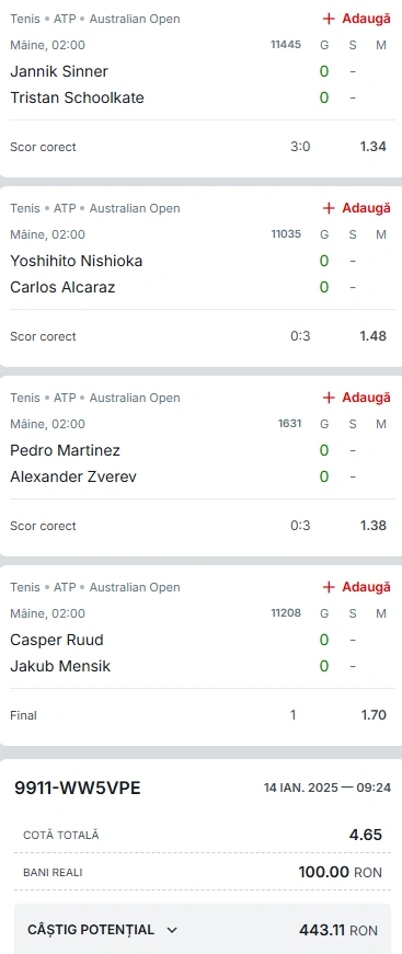 Biletul Zilei Australian Open 15 ianuarie