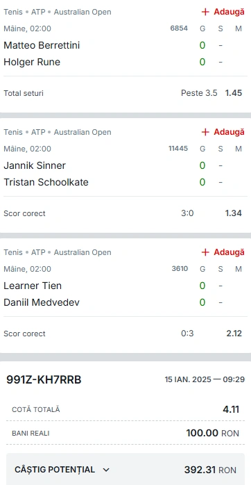 Biletul Zilei Australian Open 16 ianuarie