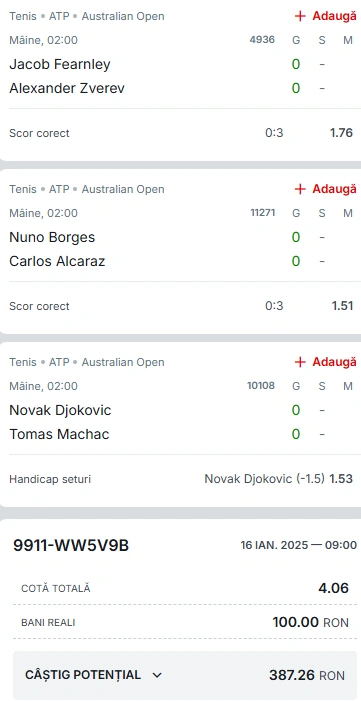 Biletul Zilei Australian Open 17 ianuarie