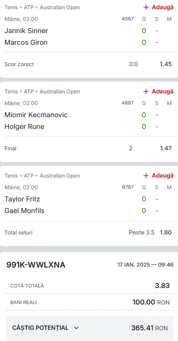 Biletul Zilei Australian Open 18 ianuarie