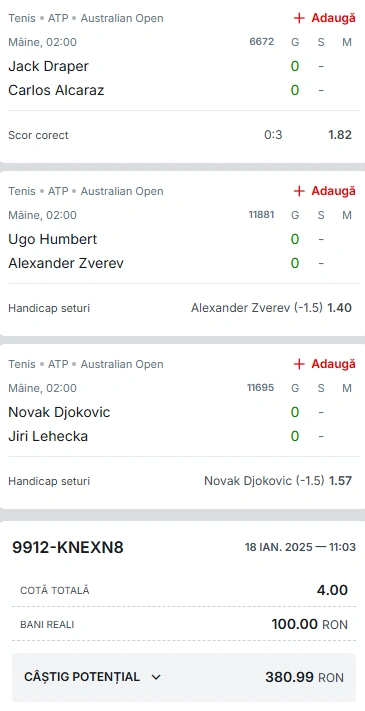 Biletul Zilei Australian Open 19 ianuarie