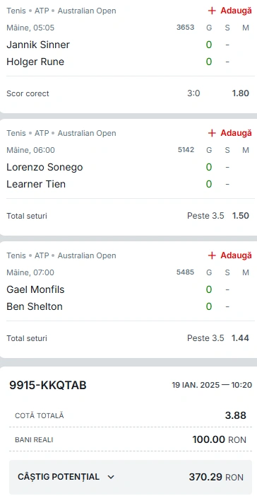 Biletul Zilei Australian Open 20 ianuarie