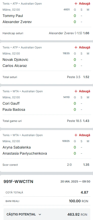 Biletul Zilei Australian Open 21 ianuarie