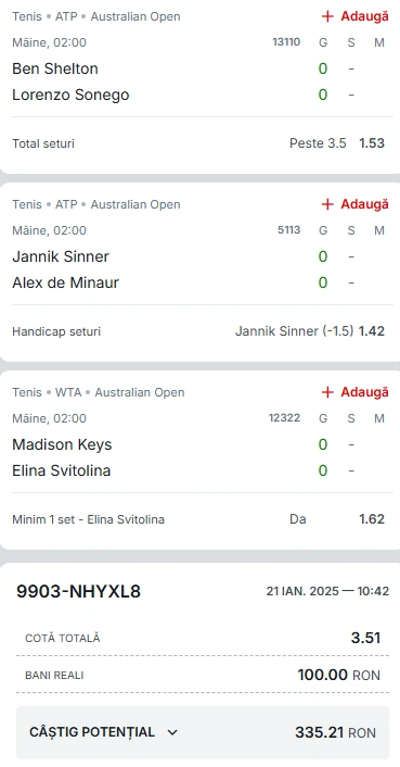 Biletul Zilei Australian Open 22 ianuarie