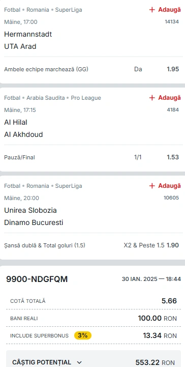 Biletul Zilei Superbet în cota 5 din 31 ianuarie