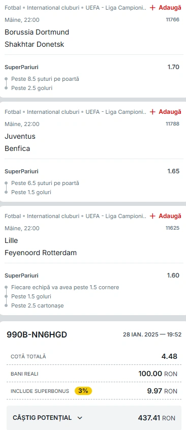 Biletul Zilei UCL din Super Pariuri 29 ianuarie