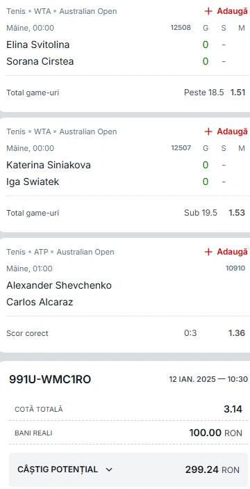 Biletul Zilei din tenis Australian Open 13 ianuarie