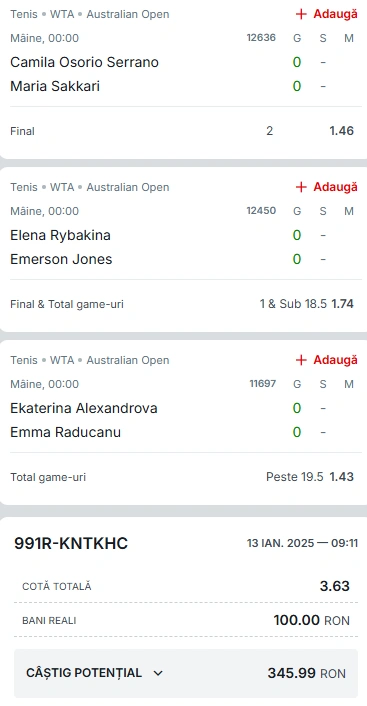 Biletul Zilei din tenis Australian Open 14 ianuarie