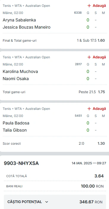 Biletul Zilei din tenis Australian Open 15 ianuarie