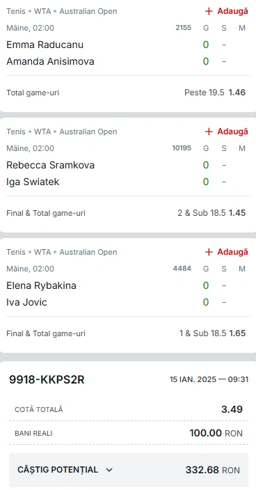 Biletul Zilei din tenis Australian Open 16 ianuarie