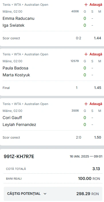 Biletul Zilei din tenis Australian Open 17 ianuarie