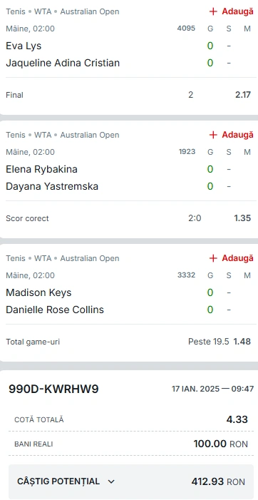 Biletul Zilei din tenis Australian Open 18 ianuarie