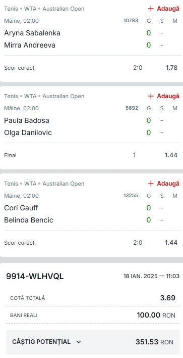 Biletul Zilei din tenis Australian Open 19 ianuarie