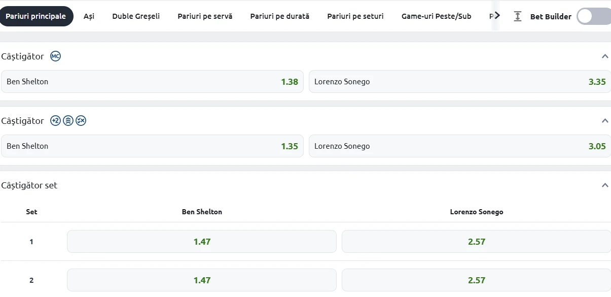 Cote Pariuri Ben Shelton vs Lorenzo Sonego