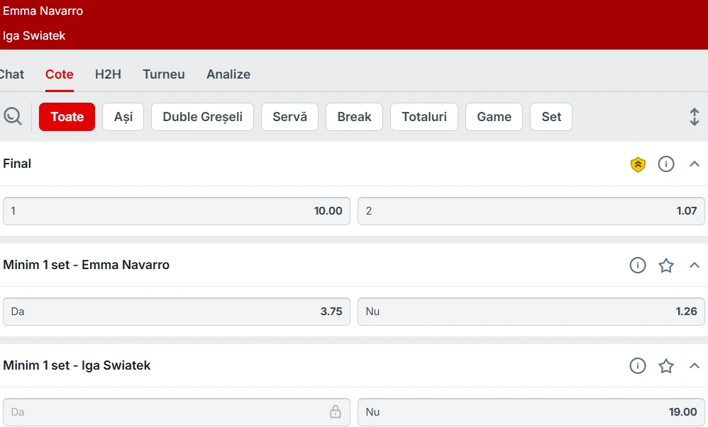 Cote Pariuri Emma Navarro vs Iga Swiatek