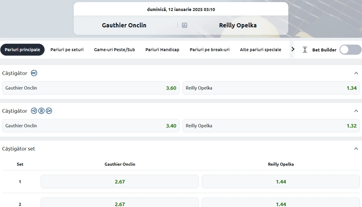 Cote Pariuri Gauthier Onclin vs Reilly Opelka