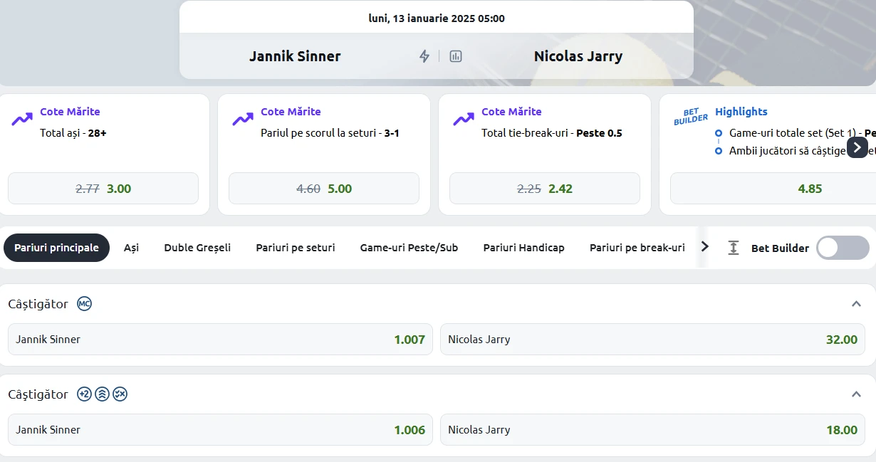 Cote Pariuri Jannik Sinner vs Nicolas Jarry