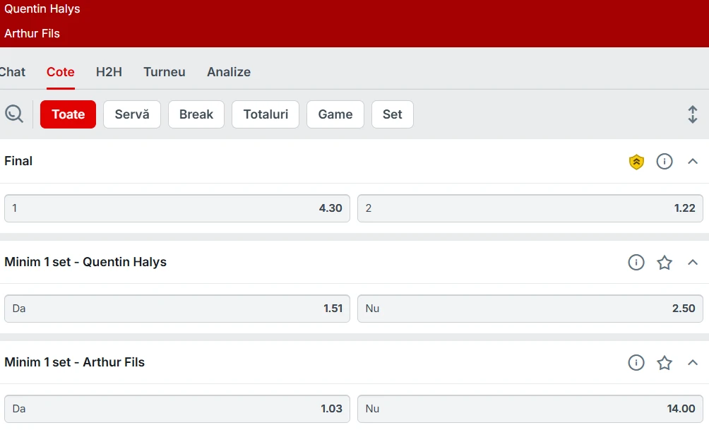 Cote Pariuri Quentin Halys vs Arthur Fils