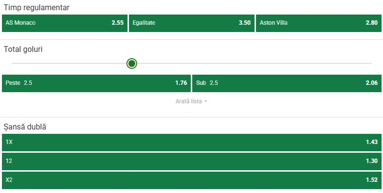 Cote pariuri Monaco - Aston Villa