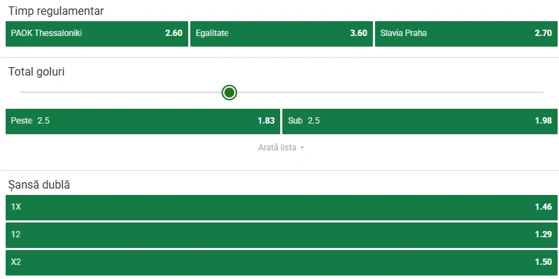 Cote pariuri PAOK - Slavia Praga