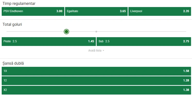 Cote pariuri PSV Eindhoven - Liverpool