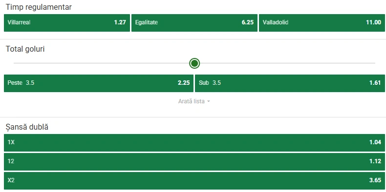 Cote pariuri Villarreal - Real Valladolid