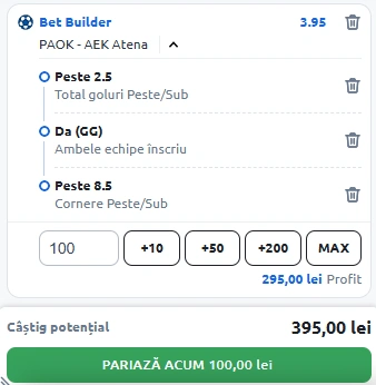 PAOK vs AEK Atena Bet Builder in cota 4