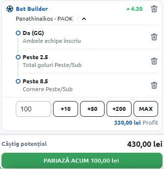 Panathinaikos - PAOK Bet Builder in cota 4.30