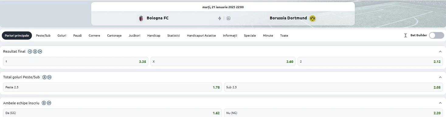 Cote pariuri Bologna vs Dortmund
