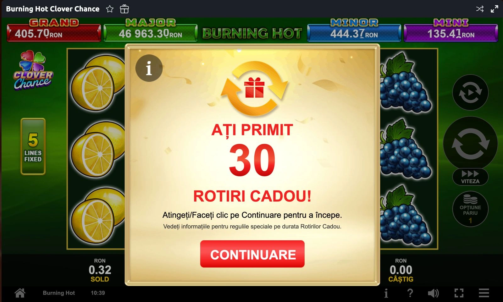 30 de Rotiri Gratuite Fără Depunere la Betano azi la Burning Hot Clover Chance