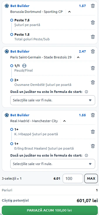 Biletul Zilei Bet Builder Champions League 19.02.2025