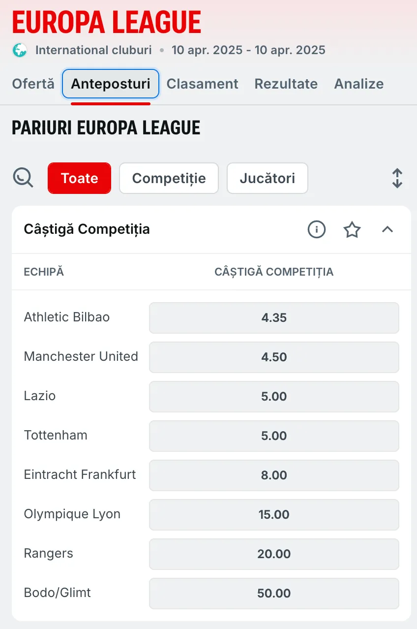 Cote Câștigătoare Europa League 2025 de la Superbet