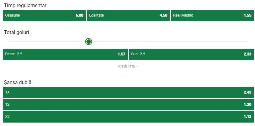 Cote pariuri Osasuna - Real Madrid