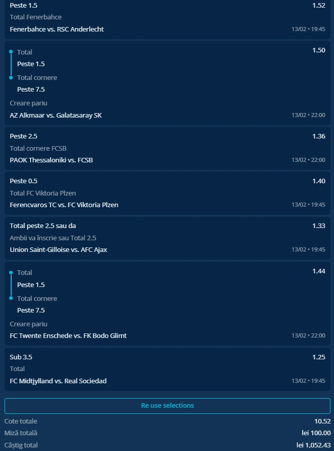 Biletul zilei din Europa League 13.02.2025