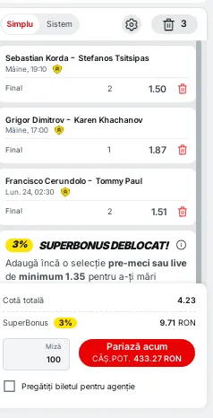 Biletul zilei Superbet pe tenis - 23.03.2025 - turneul de la Miami