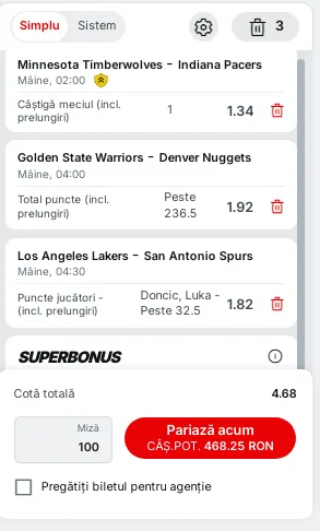 Biletul zilei din NBA la Superbet - 17.03.2025 - Cota totală de 4.68