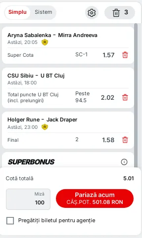 Biletul zilei din baschet şi tenis la Superbet - 16.03.2025 - Cota totală de 5.01